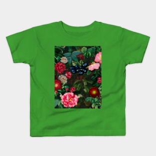 vintage flowers and leaves pattern, botanical pattern, floral illustration, black vintage floral over a Kids T-Shirt